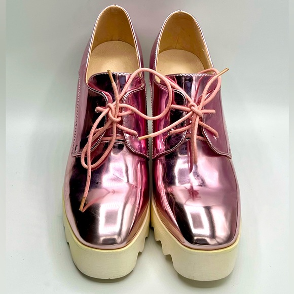 Womens Brogue Patent Leather Wedge Heels Creepers Pink Punk Shoes US 7/EU 37 - Picture 3 of 8